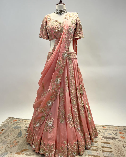 DUSTY PINK LEHENGA WITH MARODI, FRENCH KNOT, PEARL & ZARDOSI WORK