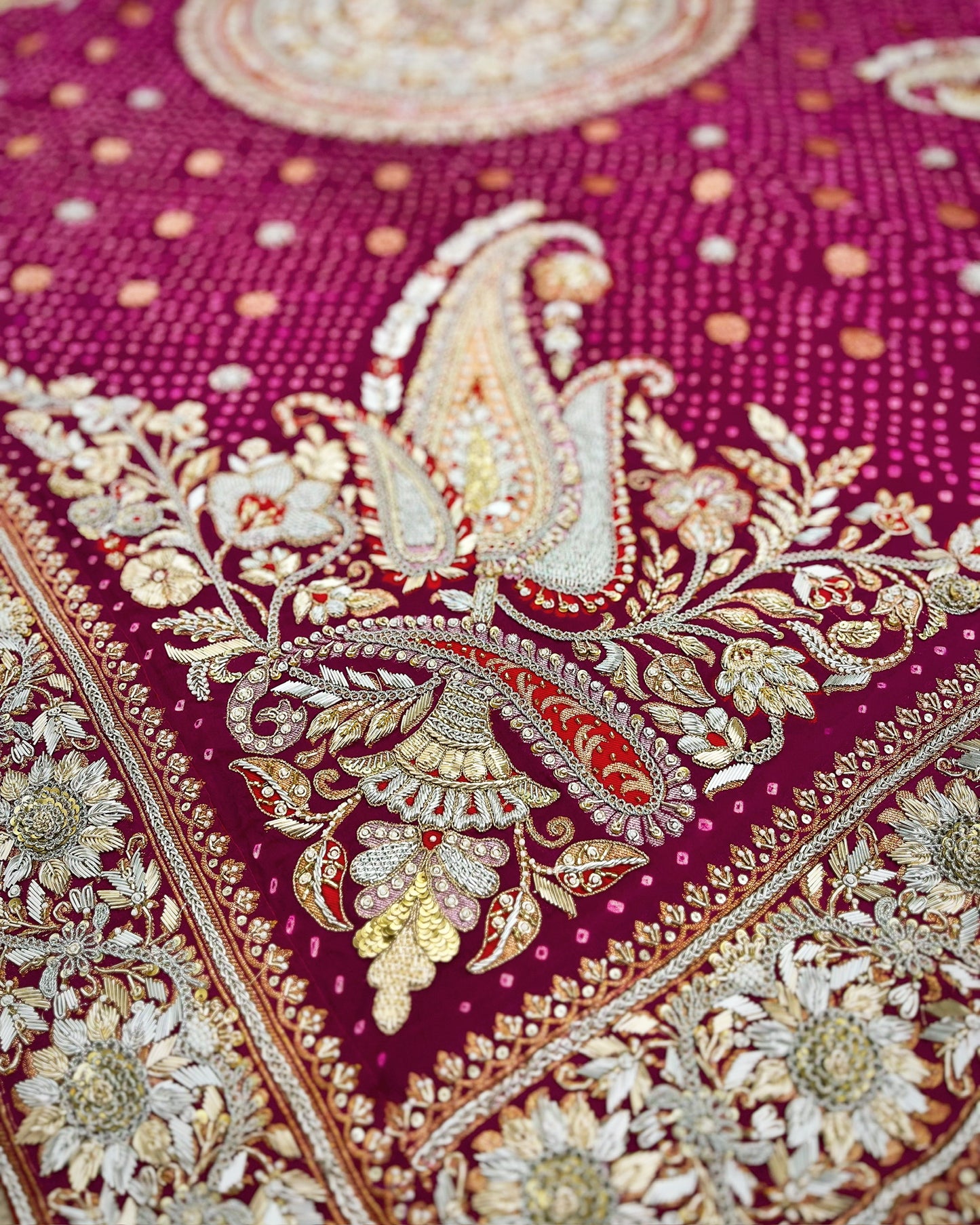 BANARASI BANDHANI SAREE WITH SIGNATURE MANDALA ZARDOSI PALLA WORK