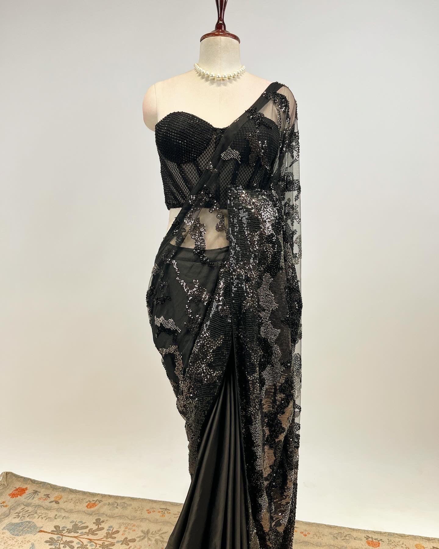 PRE- DRAPED SHIMMER SEQUIN SAREE WITH A STONE STUDDED CORSET