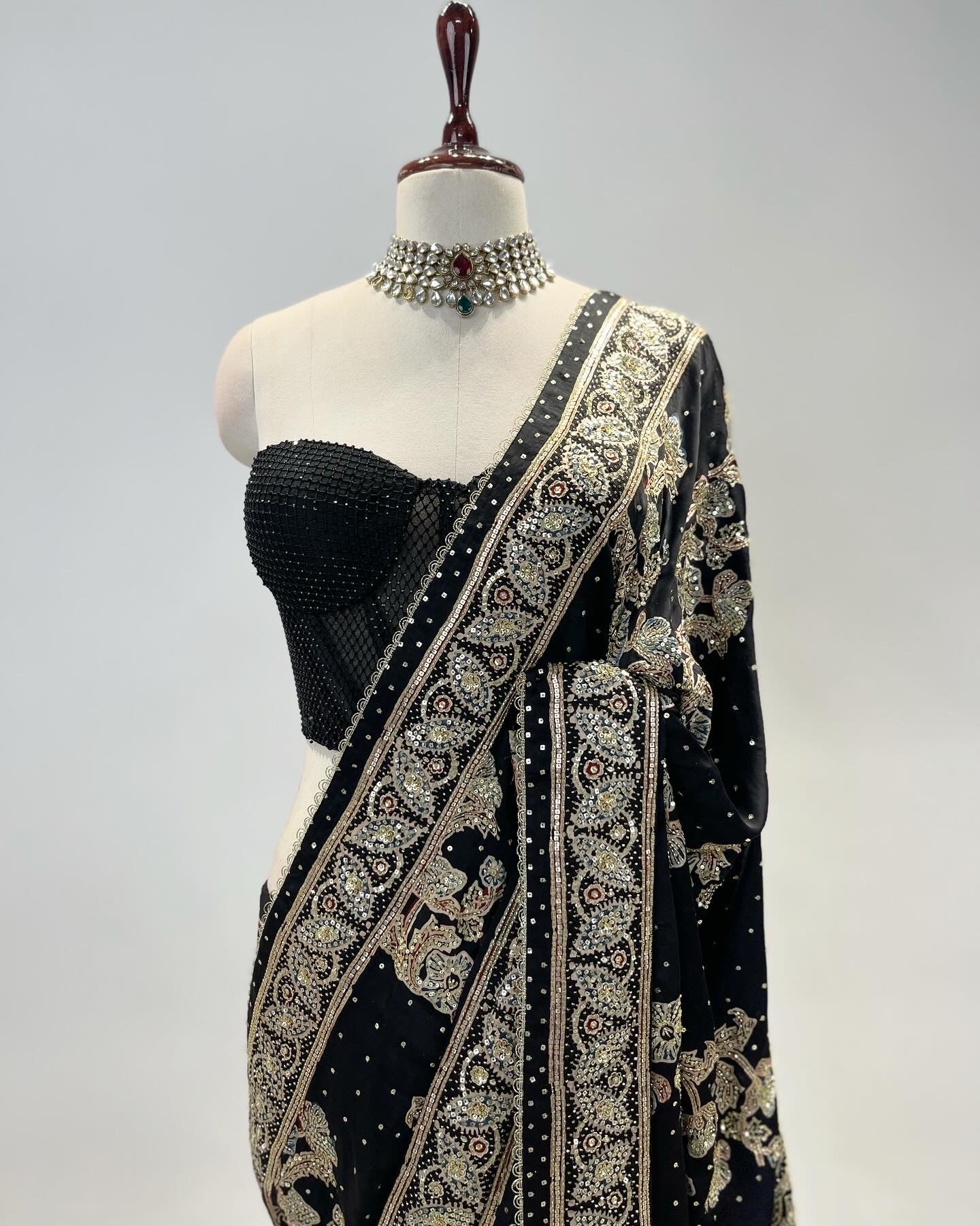 PATTERNED AJRAKH SAREE IN ZARDOSI & SEQUIN WORK