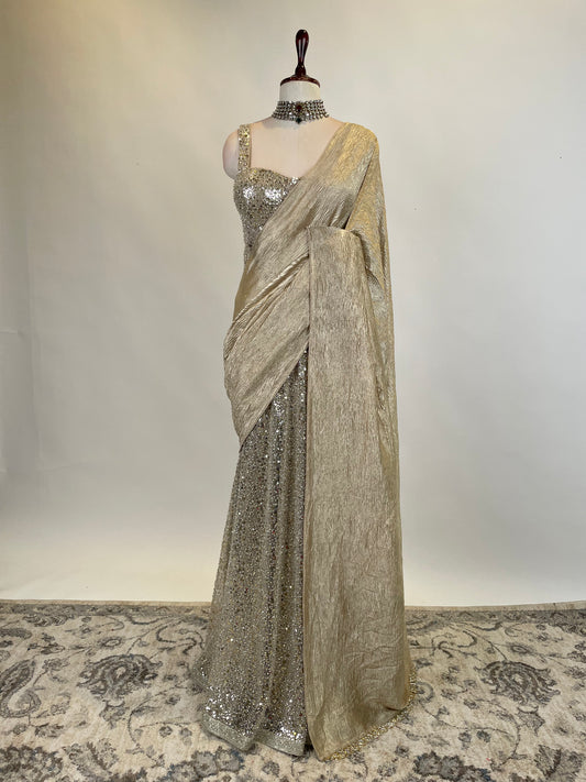 GOLD SEQUIN PRE - DRAPED SAREE WITH CORSET BLOUSE