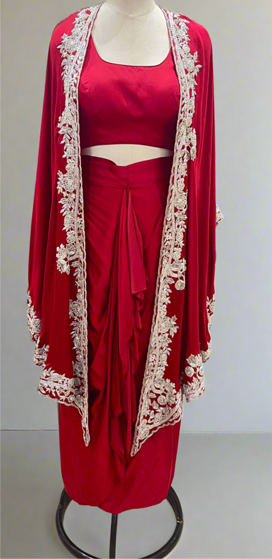 RED CAPE WITH DRAPED SKIRT AND BLOUSE