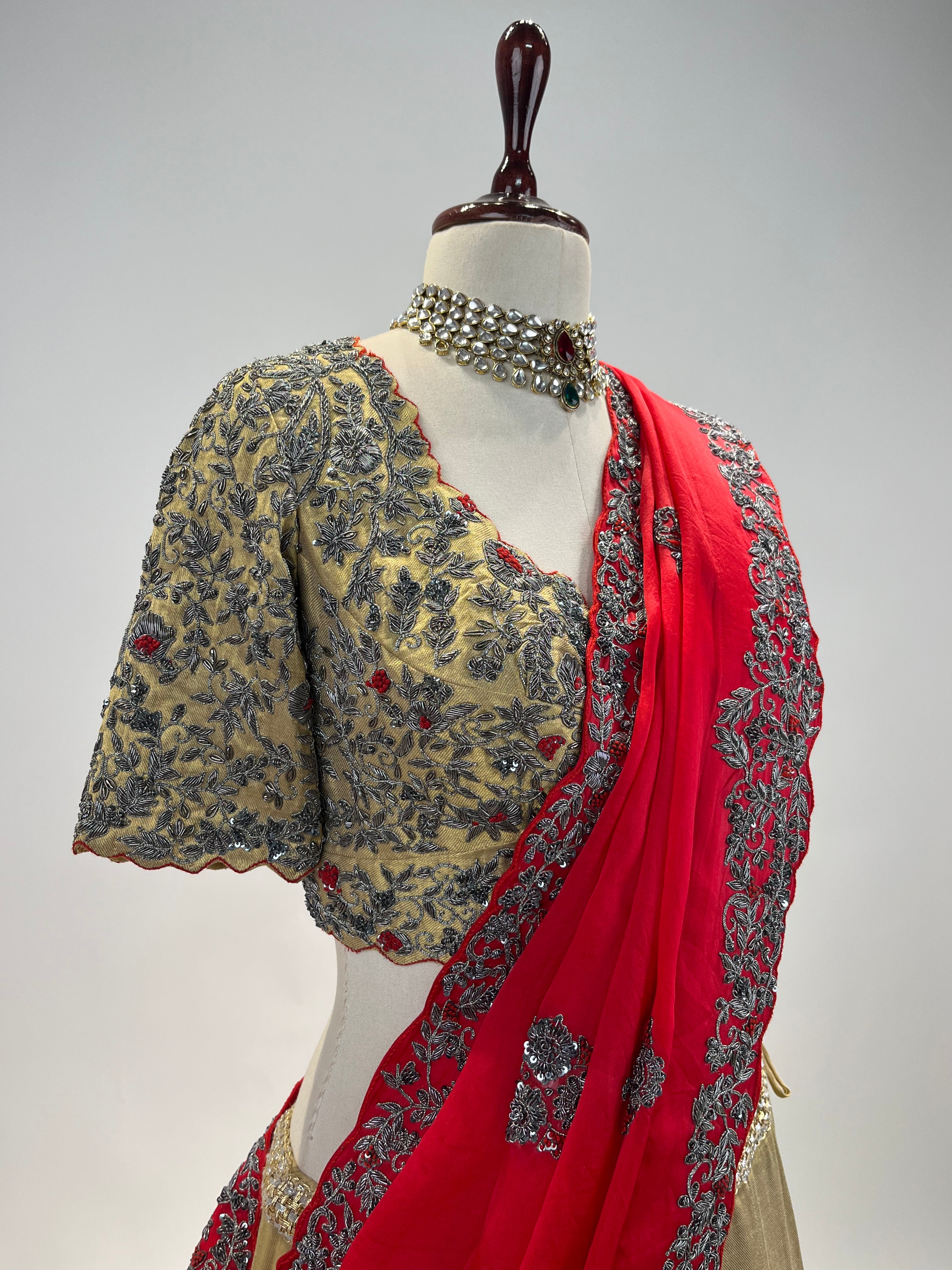 Handloom Tissue Silk Lehenga with Antique Zardosi and Red Resham Work