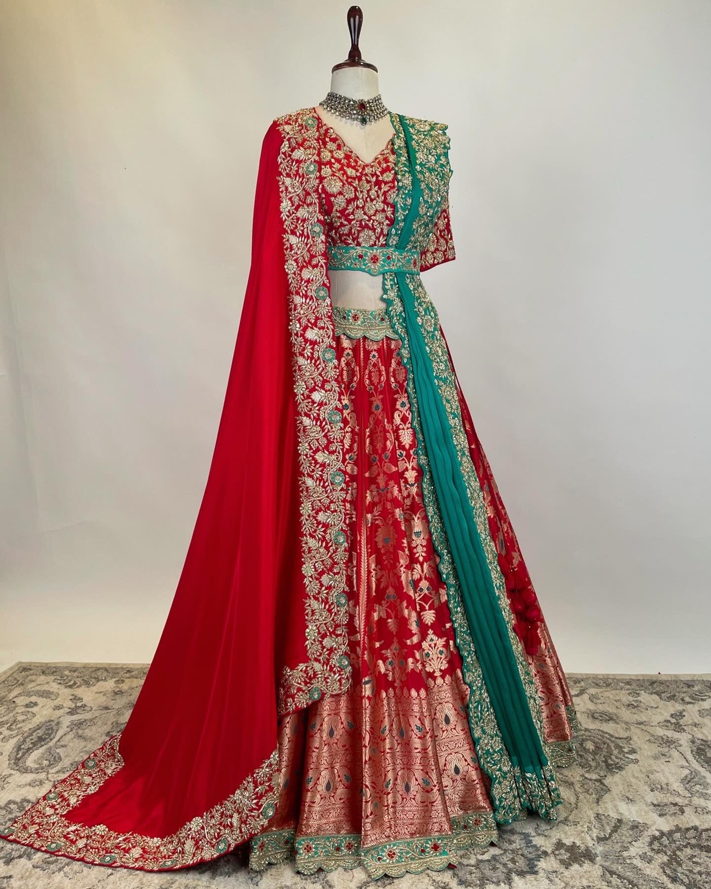 Kadwa Benarasi Lehenga in Zardosi with double drape dupatta and belt