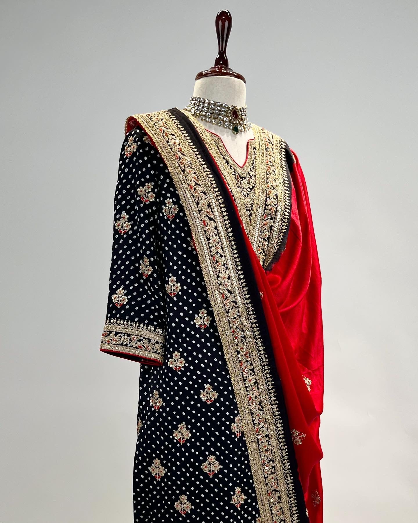 BLACK & RED BANDHEJ KURTA ENSEMBLE IN MARODI & RESHAM WORK