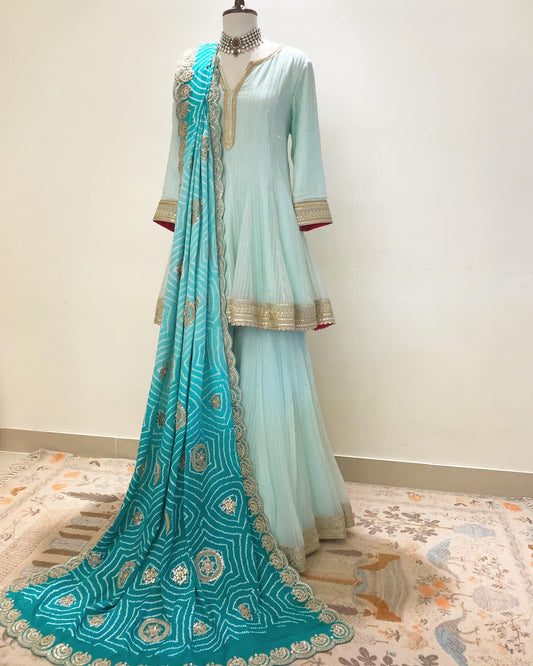 MINT BLUE SHORT KURTA & SHARARA WITH OMBRE GOTA & MARODI WORK DUPATTA IN GAJI SILK