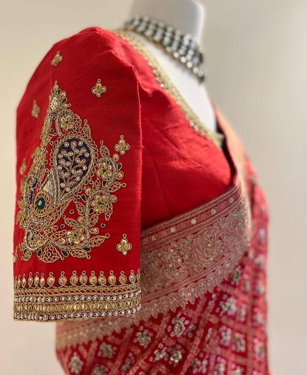 RED PURE ZARI RAI BANDHEJ BANARASI BANDHANI SAREE WITH MARODI & ZARDOSI WORK