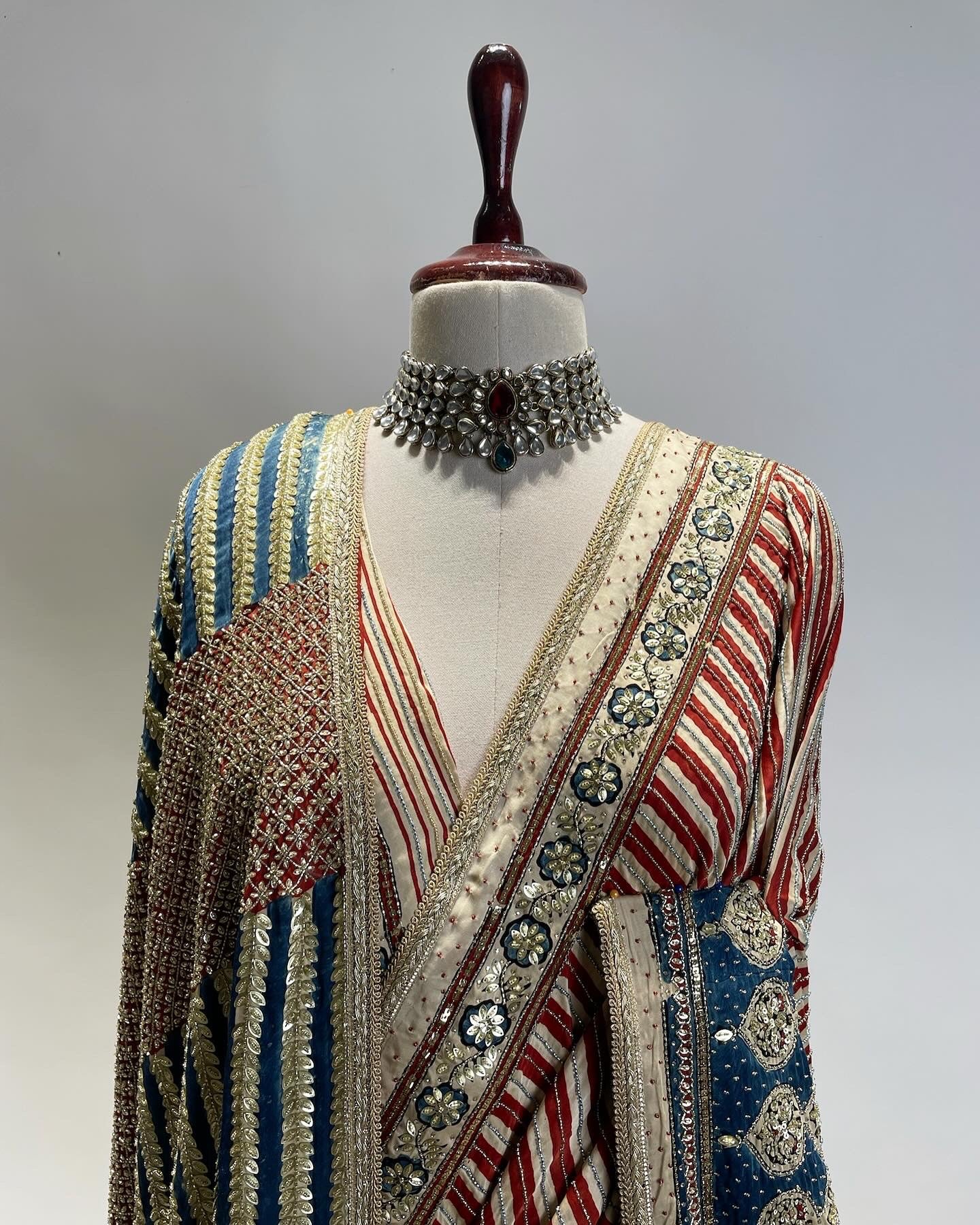 Ajrakh Saree with A Contemporary Geometrical Pattern in Zardosi