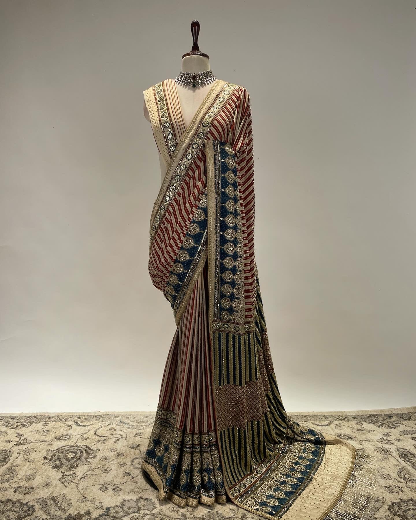 Ajrakh Saree with A Contemporary Geometrical Pattern in Zardosi