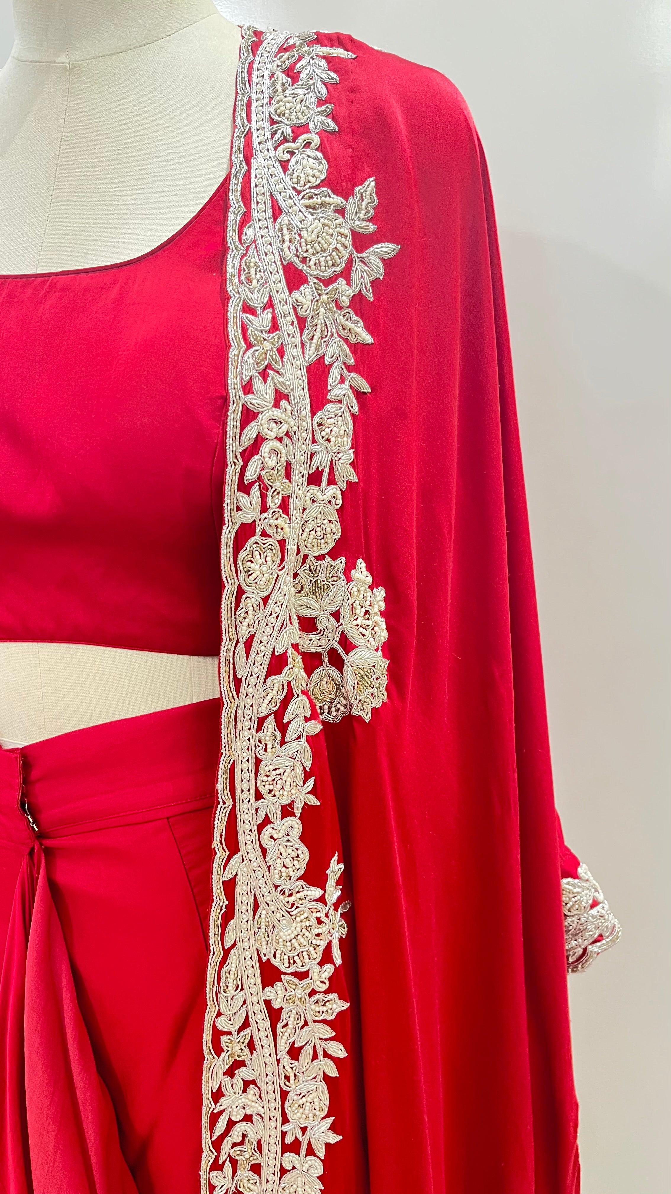 RED CAPE WITH DRAPED SKIRT AND BLOUSE