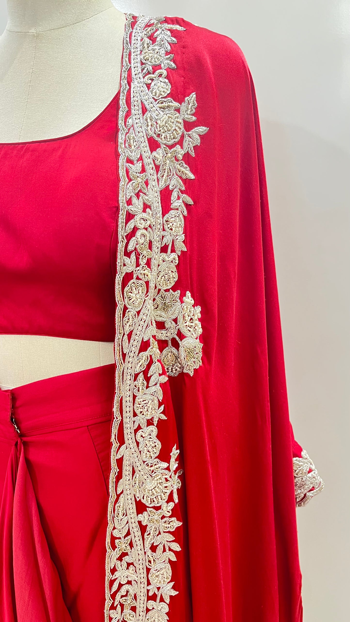 RED CAPE WITH DRAPED SKIRT AND BLOUSE