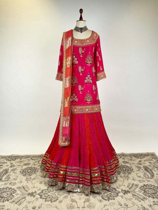 SHOCKING PINK AND ORANGE KURTA ENSEMBLE WITH EK - TAAR MOCHI WORK AND SILK CRUSHED SHARARA