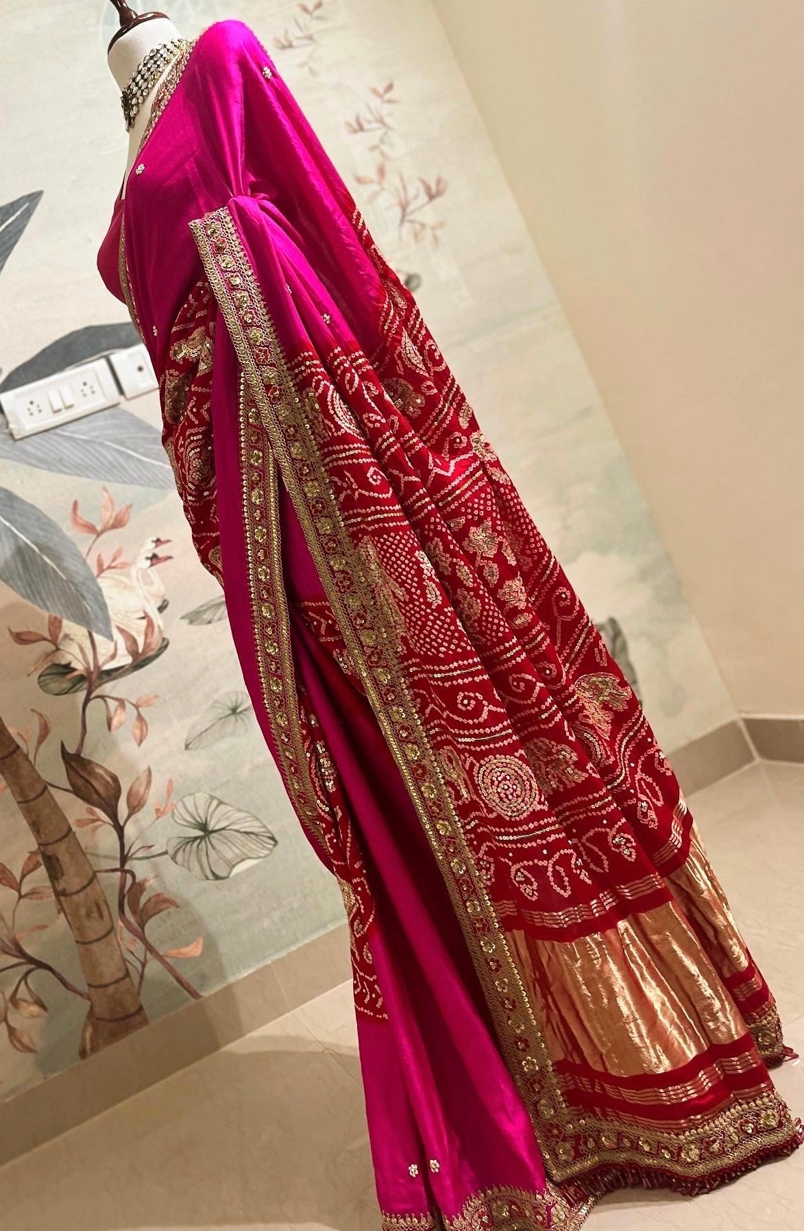 RANI PINK & RED BANDHANI SAREE