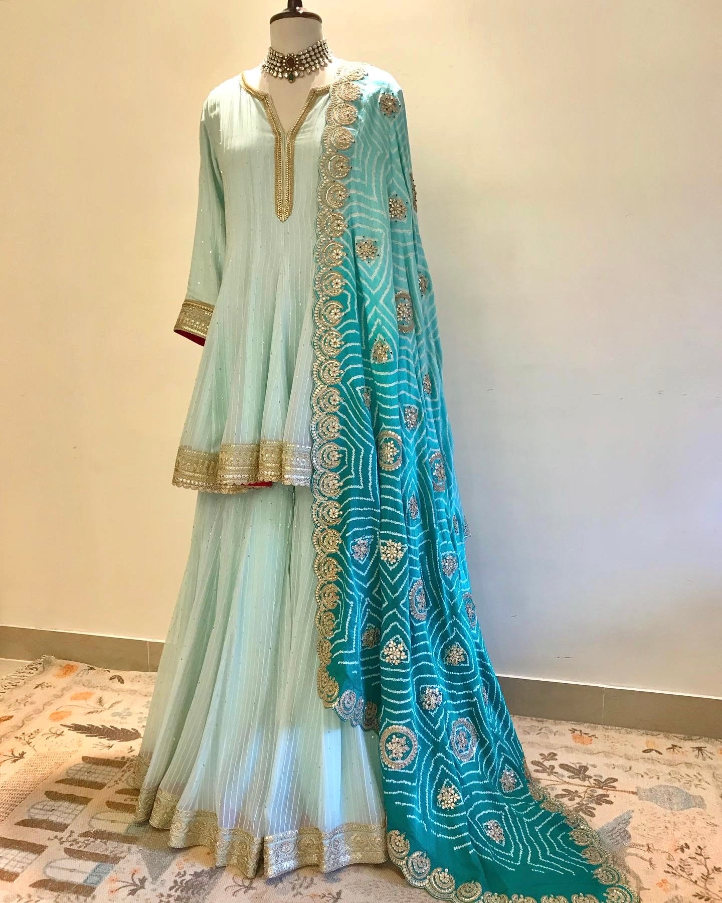 MINT BLUE SHORT KURTA & SHARARA WITH OMBRE GOTA & MARODI WORK DUPATTA IN GAJI SILK