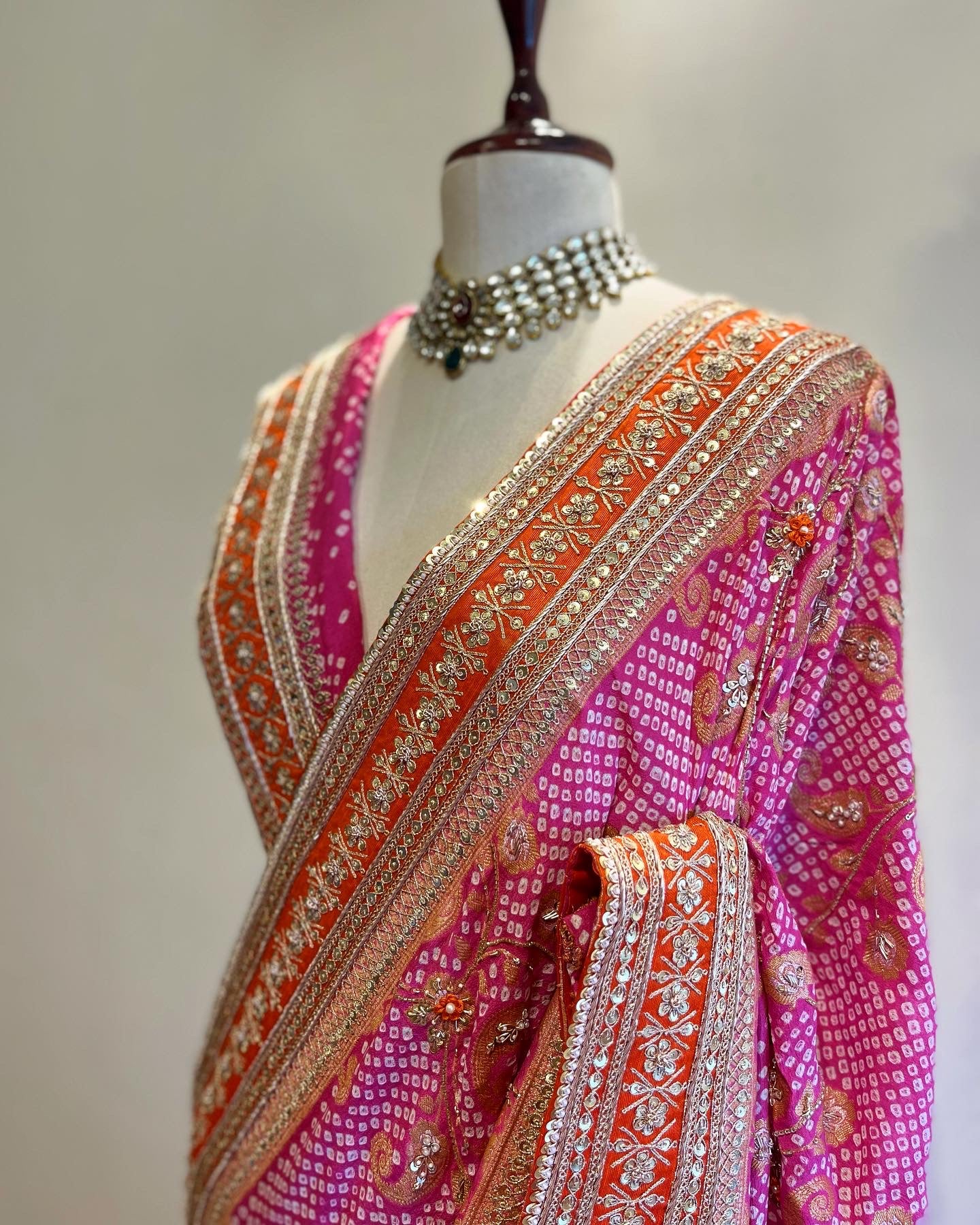 Striped Hand Blocked Ajrakh with Zardosi Saree with a Rhinestone Studded Blouse 