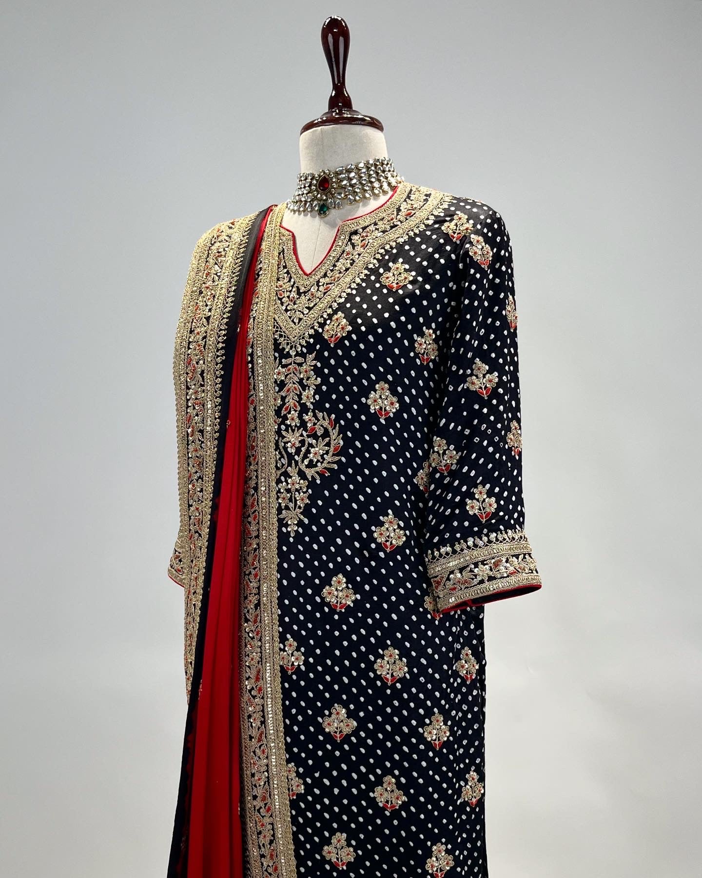 BLACK & RED BANDHEJ KURTA ENSEMBLE IN MARODI & RESHAM WORK