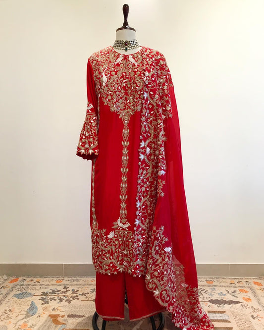 RED STRAIGHT CUT SILK KURTA SET WITH MARODI & RESHAM WORK