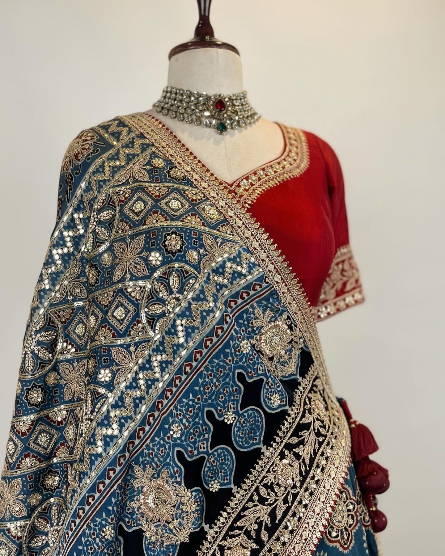 AJRAKH LEHENGA WITH MARODI GOTA & ZARDOSI WORK