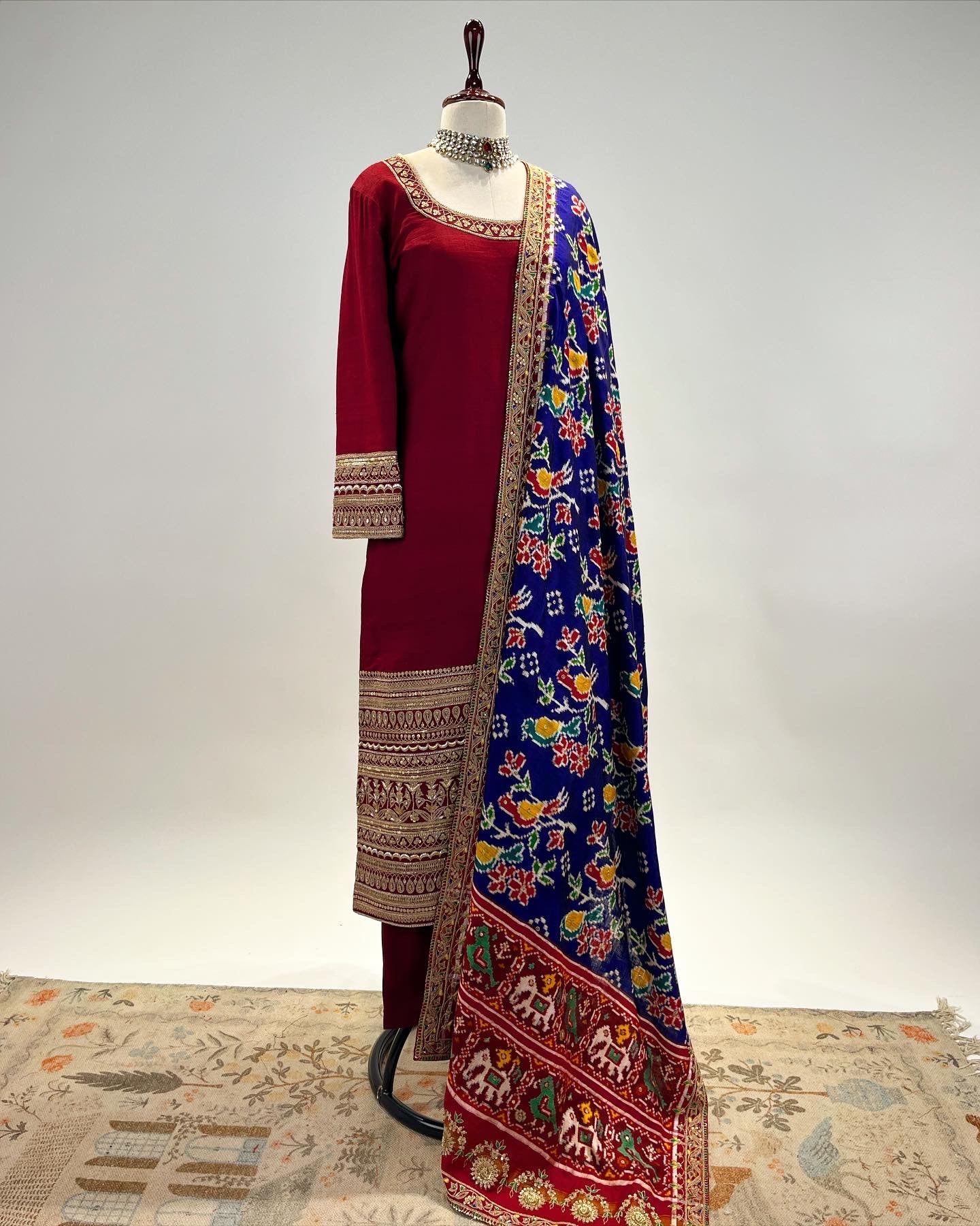 PURE DOUBLE MATKA SILK STRAIGHT KURTA WITH DOUBLE IKAT PATAN PATOLA DUPATTA IN MARODI & RESHAM WORK