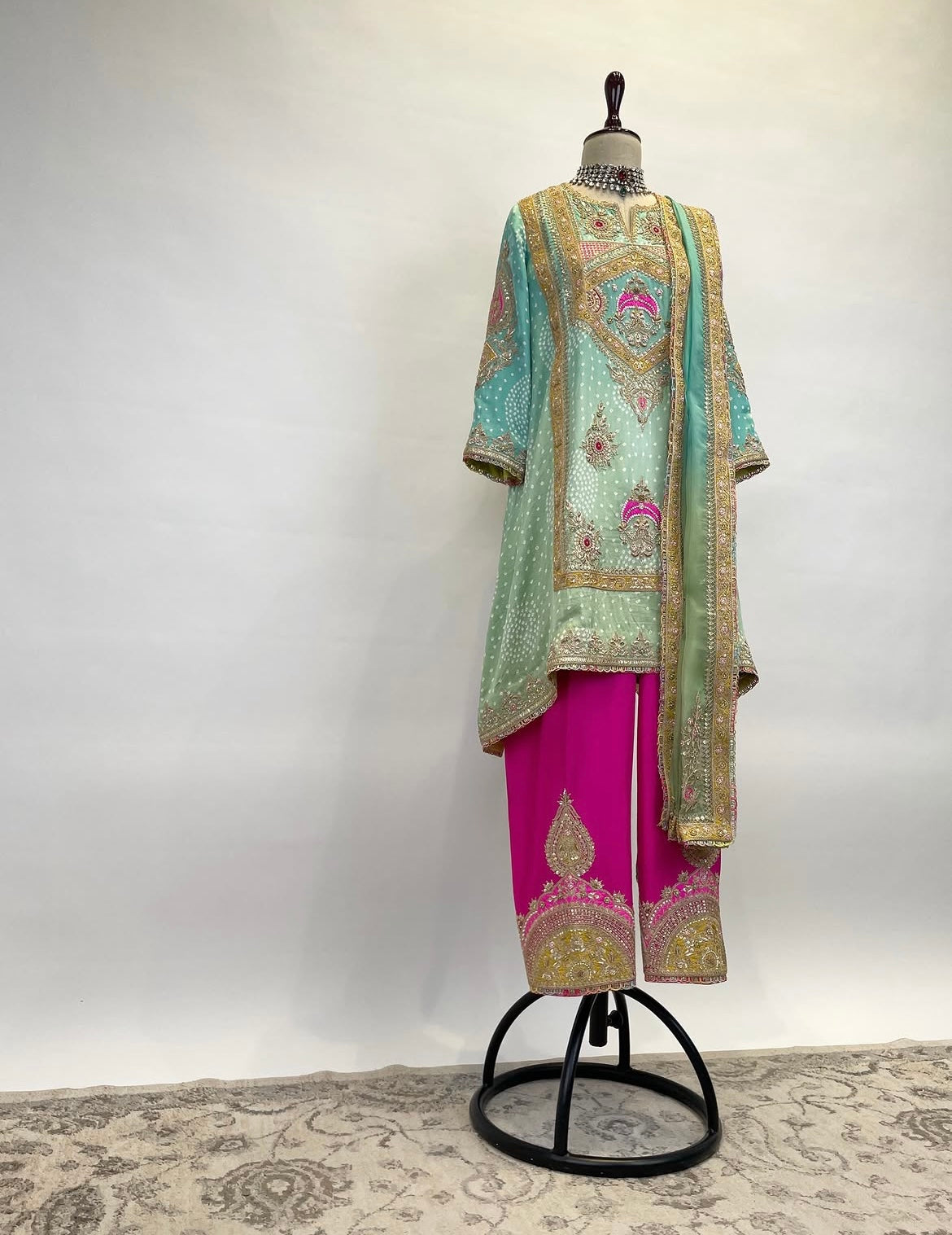 An Ombré Short A-Line Kurta With Salwar Ensemble Adorned In Bandhej, Gota, Marodi And Resham Embroidery