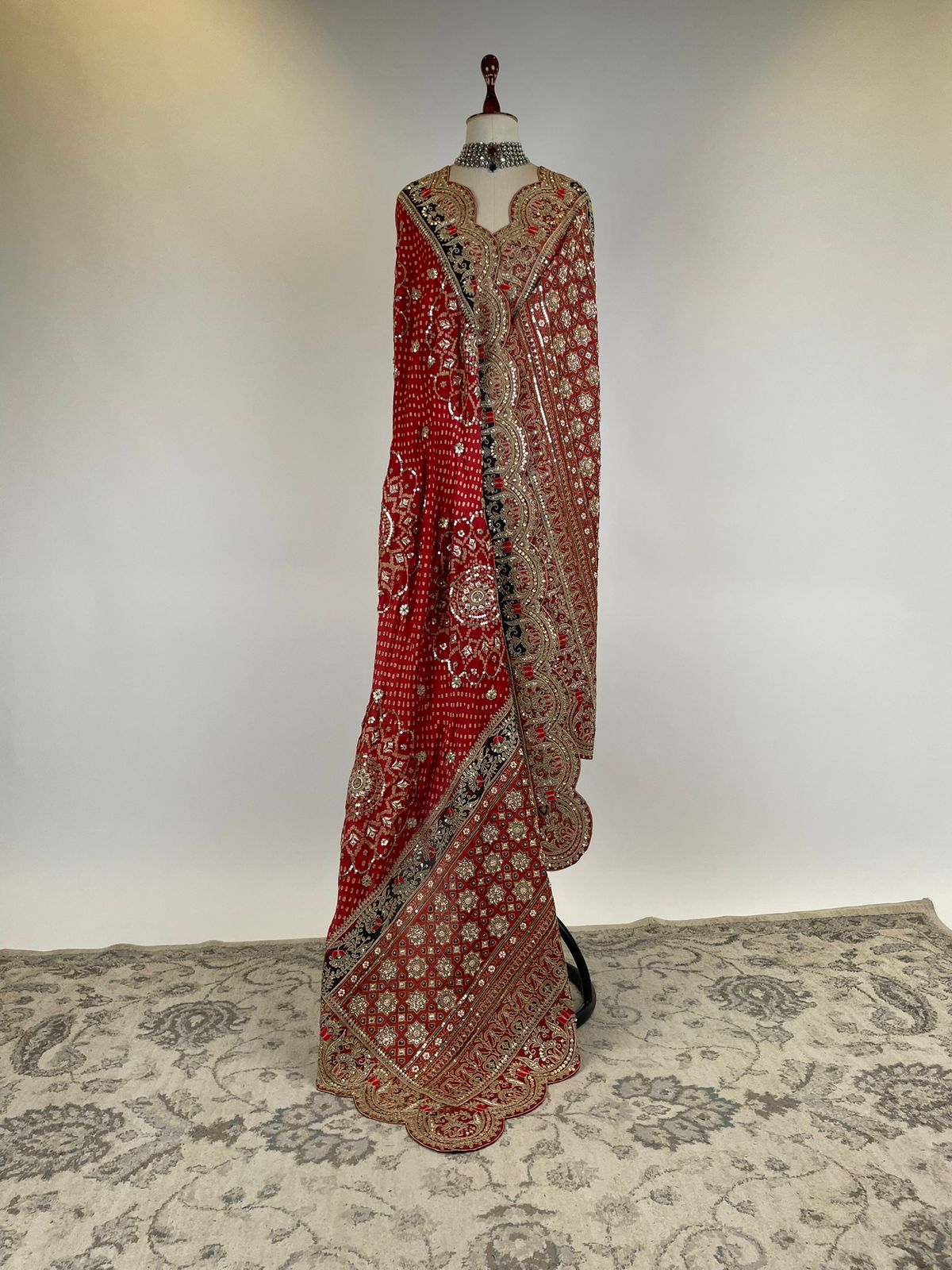 Red Ajrakh Bandhani Marodi Embroidered Dupatta