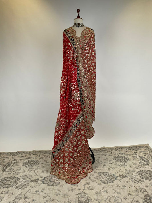 Red Ajrakh Bandhani Marodi Embroidered Dupatta