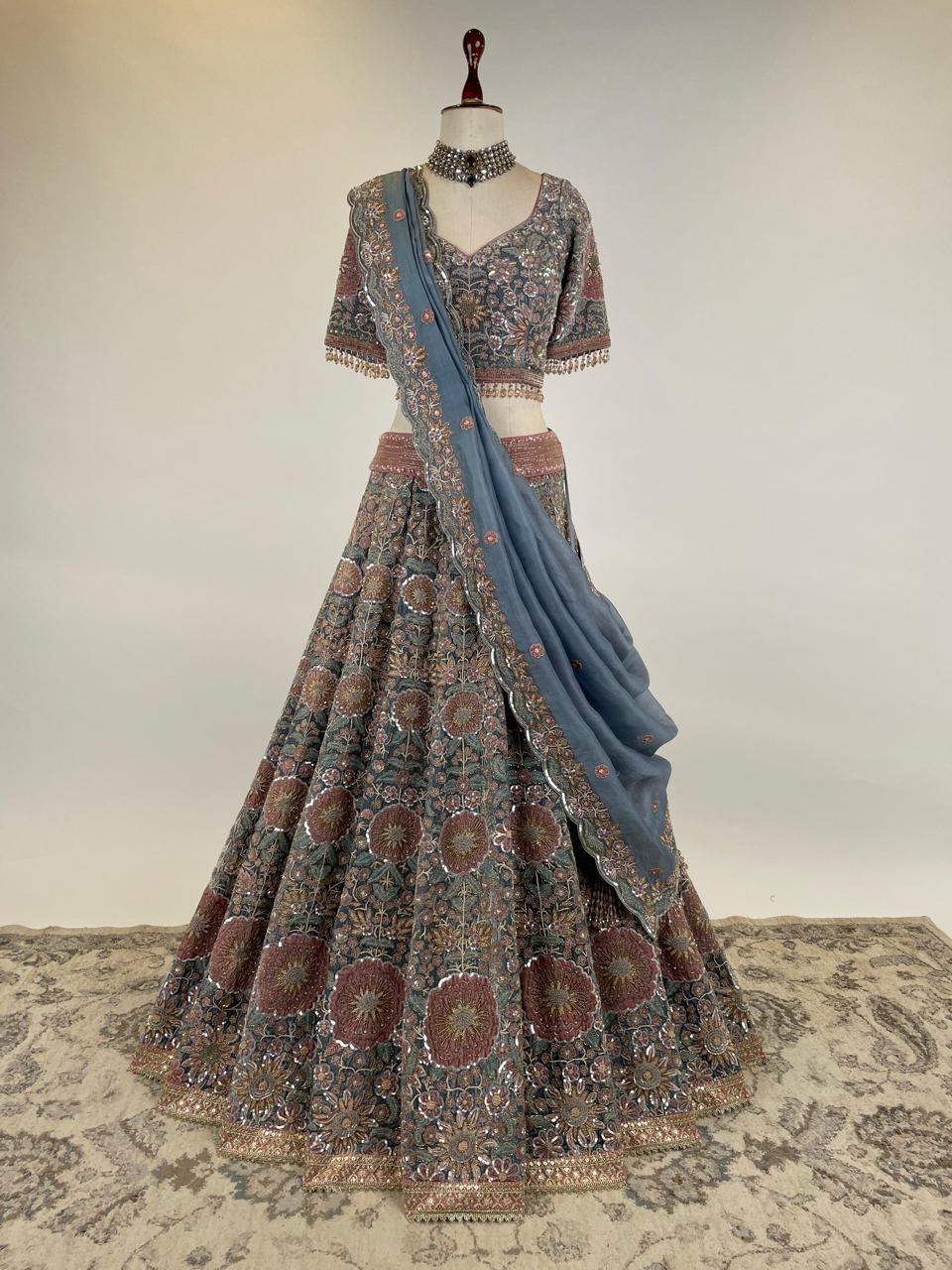 DUSTY BLUE AND PINK VELVET LEHENGA SET IN ZARDOSI
