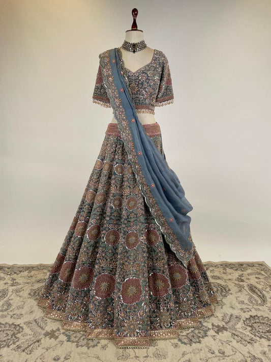 DUSTY BLUE AND PINK VELVET LEHENGA SET IN ZARDOSI
