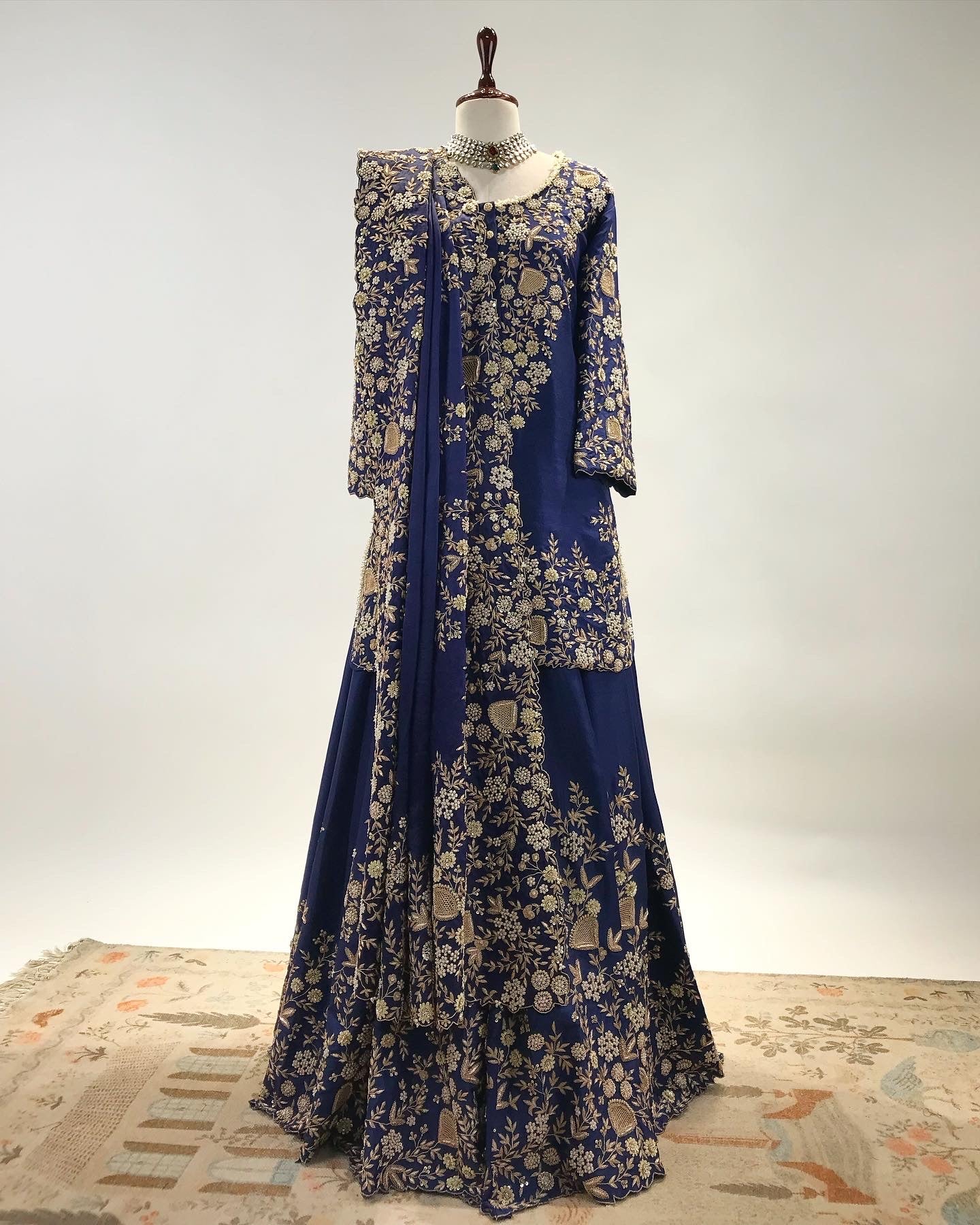 FLORAL RESPLENDENCE IN NAVY TONE SHARARA ENSEMBLE IN ZARDOSI & PEARL WORK