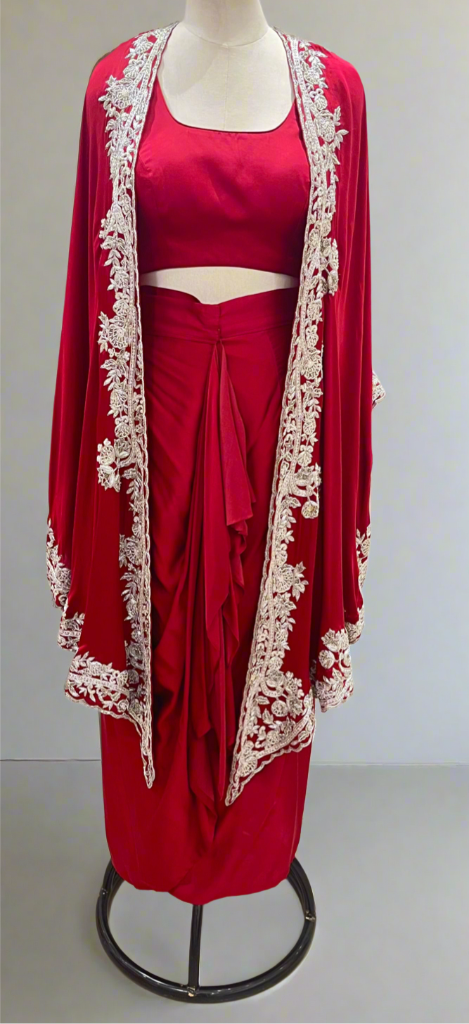 RED CAPE WITH DRAPED SKIRT AND BLOUSE