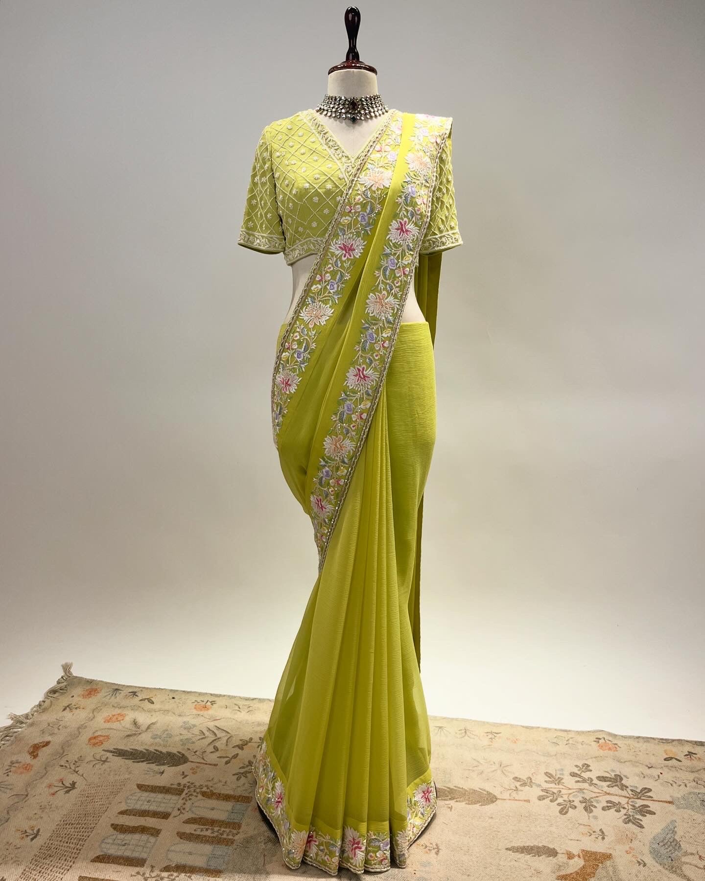 LIME GREEN CHIFFON EKTAAR FINE GARA EMBROIDERED BORDER SAREE