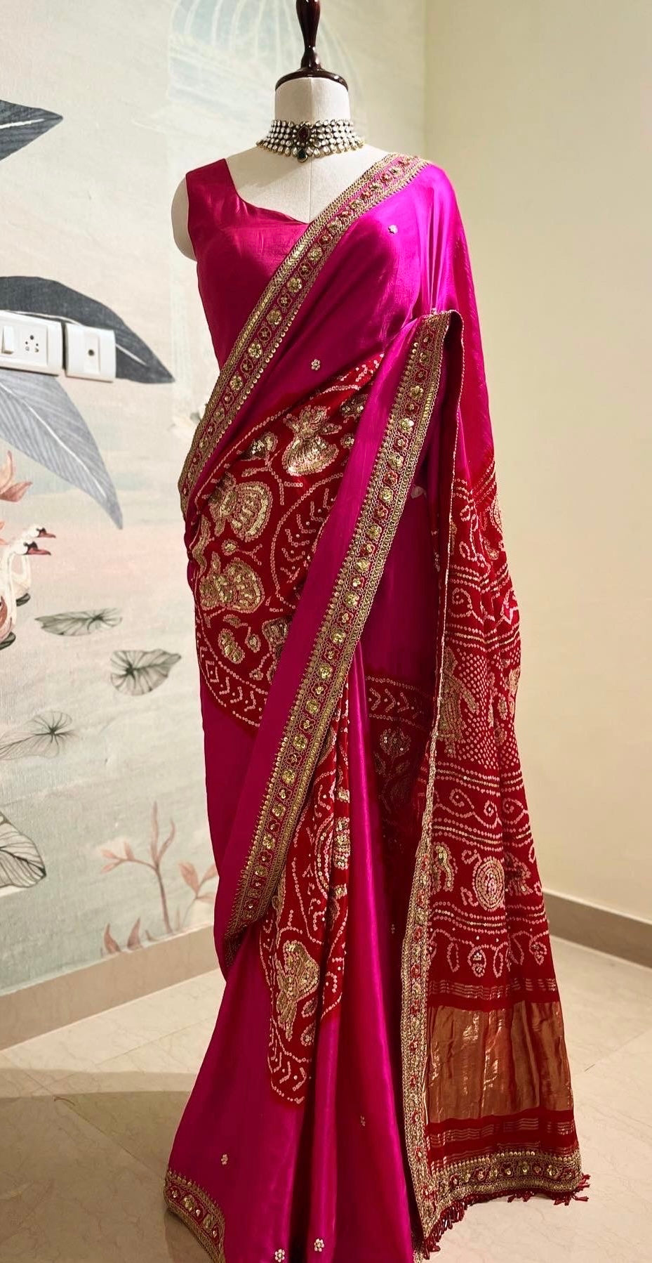 RANI PINK & RED BANDHANI SAREE