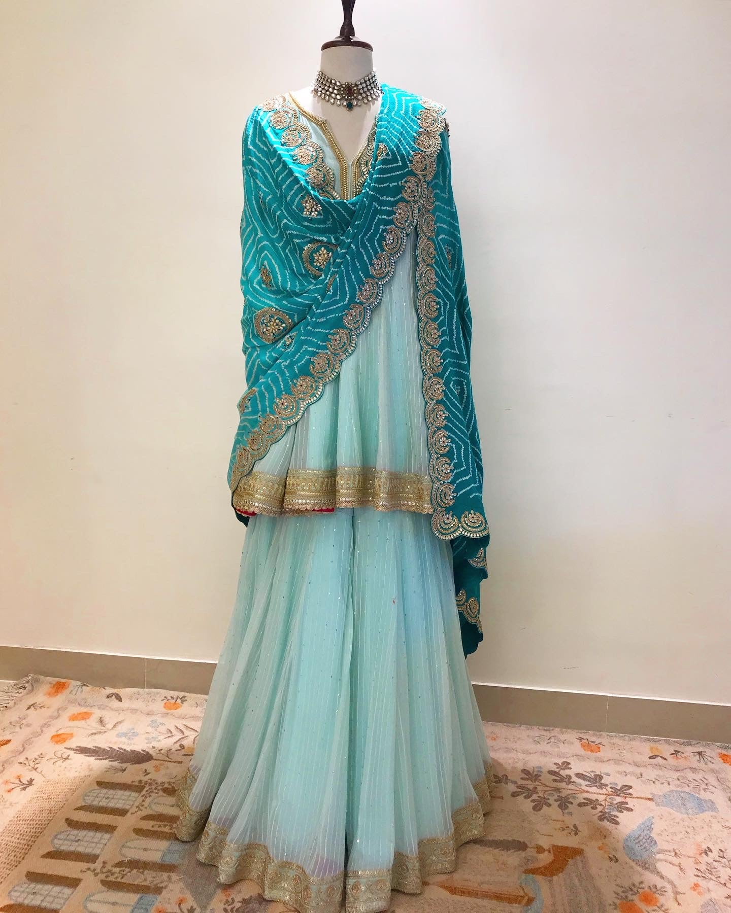 MINT BLUE SHORT KURTA & SHARARA WITH OMBRE GOTA & MARODI WORK DUPATTA IN GAJI SILK