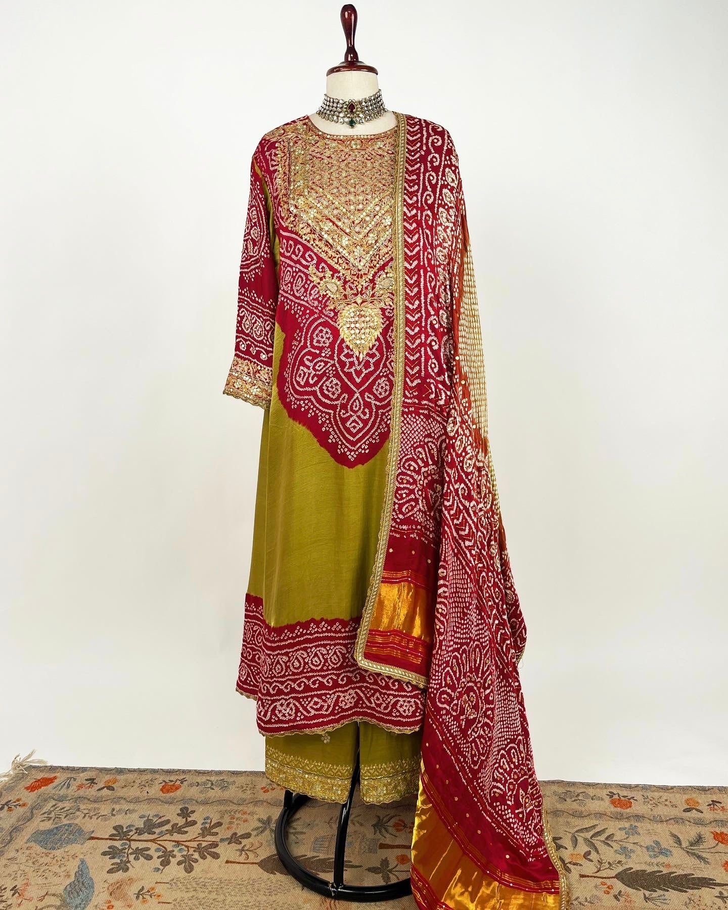 HENNA GREEN AABHA SET WITH RED BANDHEJ & EKTAAR EMBROIDERY