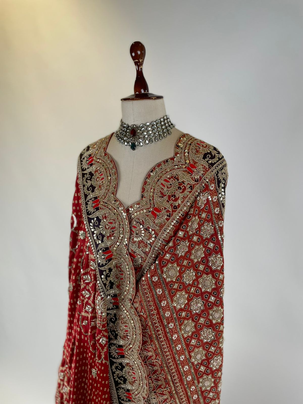 Red Ajrakh Bandhani Marodi Embroidered Dupatta