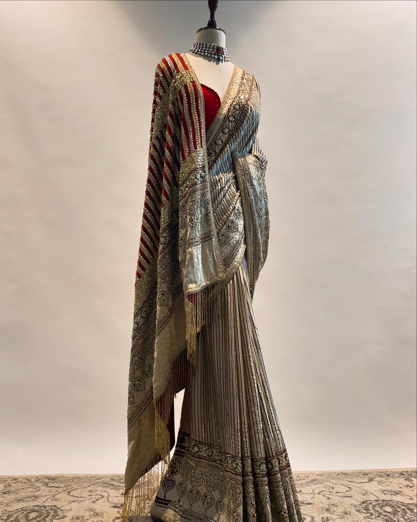 Striped Hand Blocked Ajrakh with Zardosi Saree with a Rhinestone Studded Blouse 