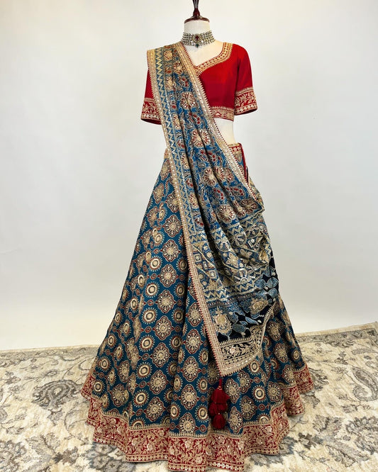 AJRAKH LEHENGA WITH MARODI GOTA & ZARDOSI WORK