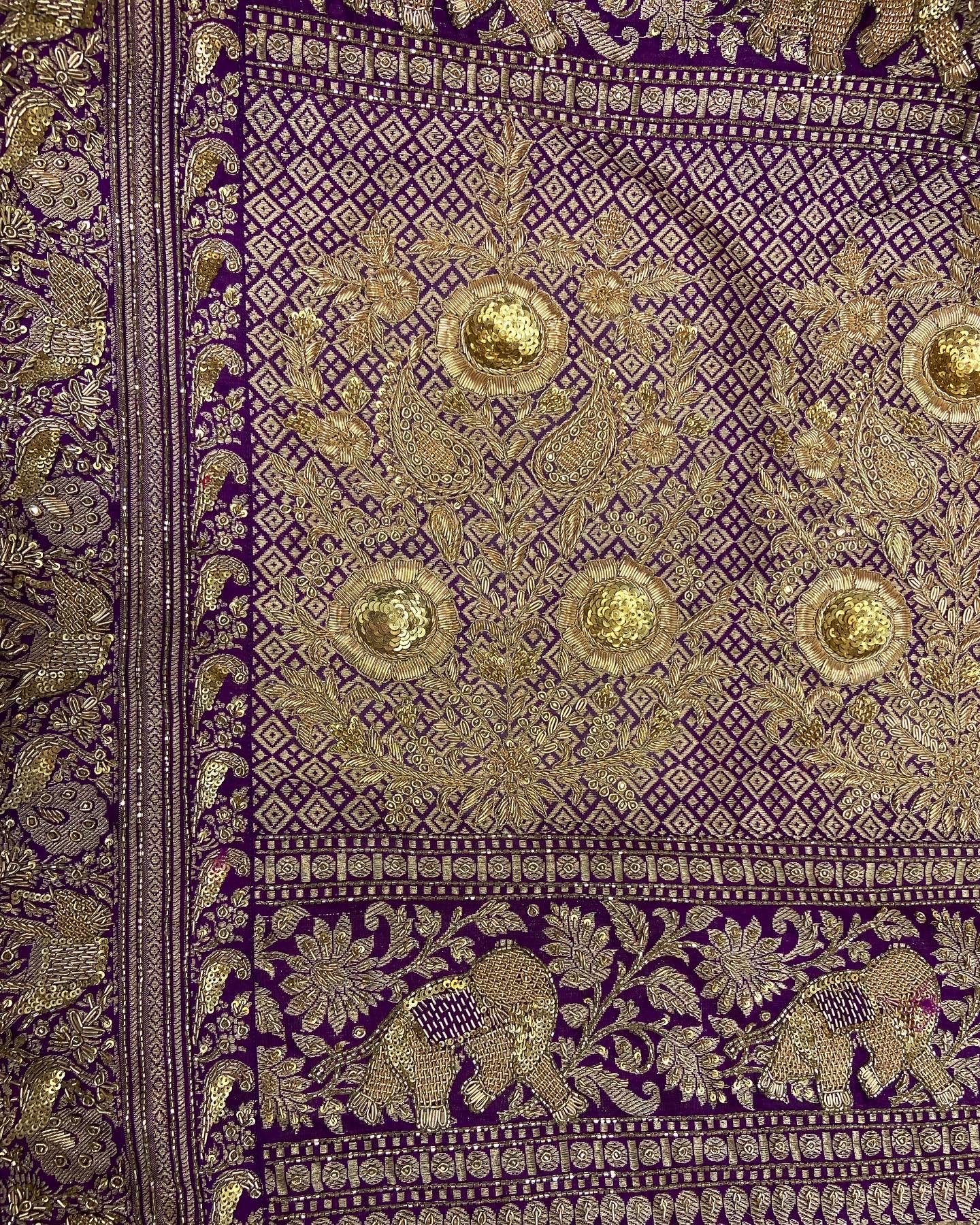 DEEP FRENCH VIOLET EKTAAR BANARASI SHIKARA SAREE IN ANTIQUE GOLD ZARDOSI WORK