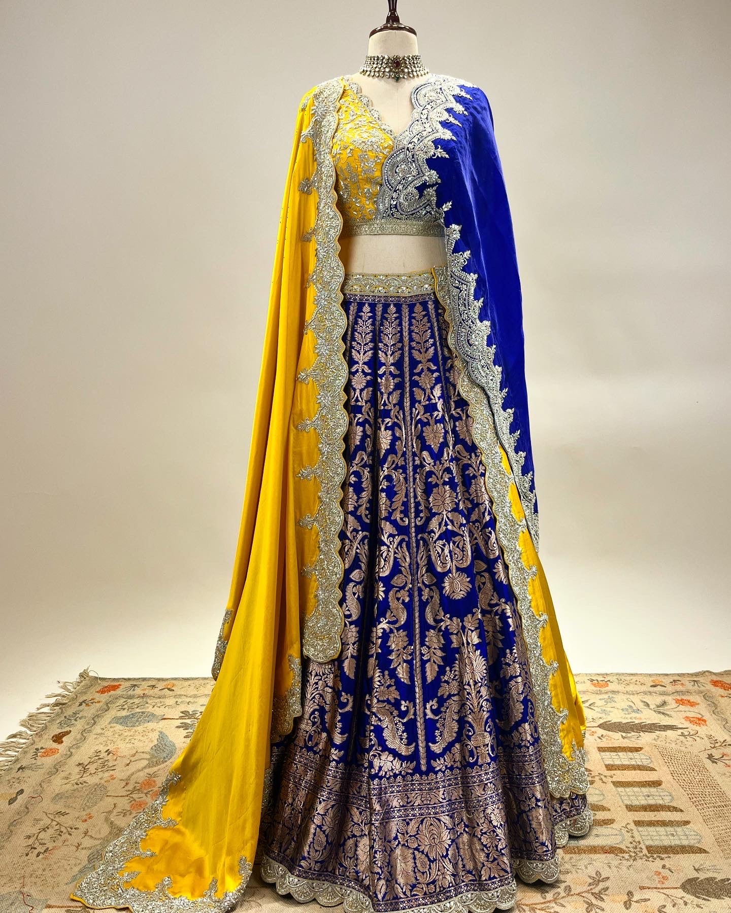 OCHRE & ROYAL BLUE HANDWOVEN BANARASI LEHENGA IN PURE HANDLOOM KADWA WORK