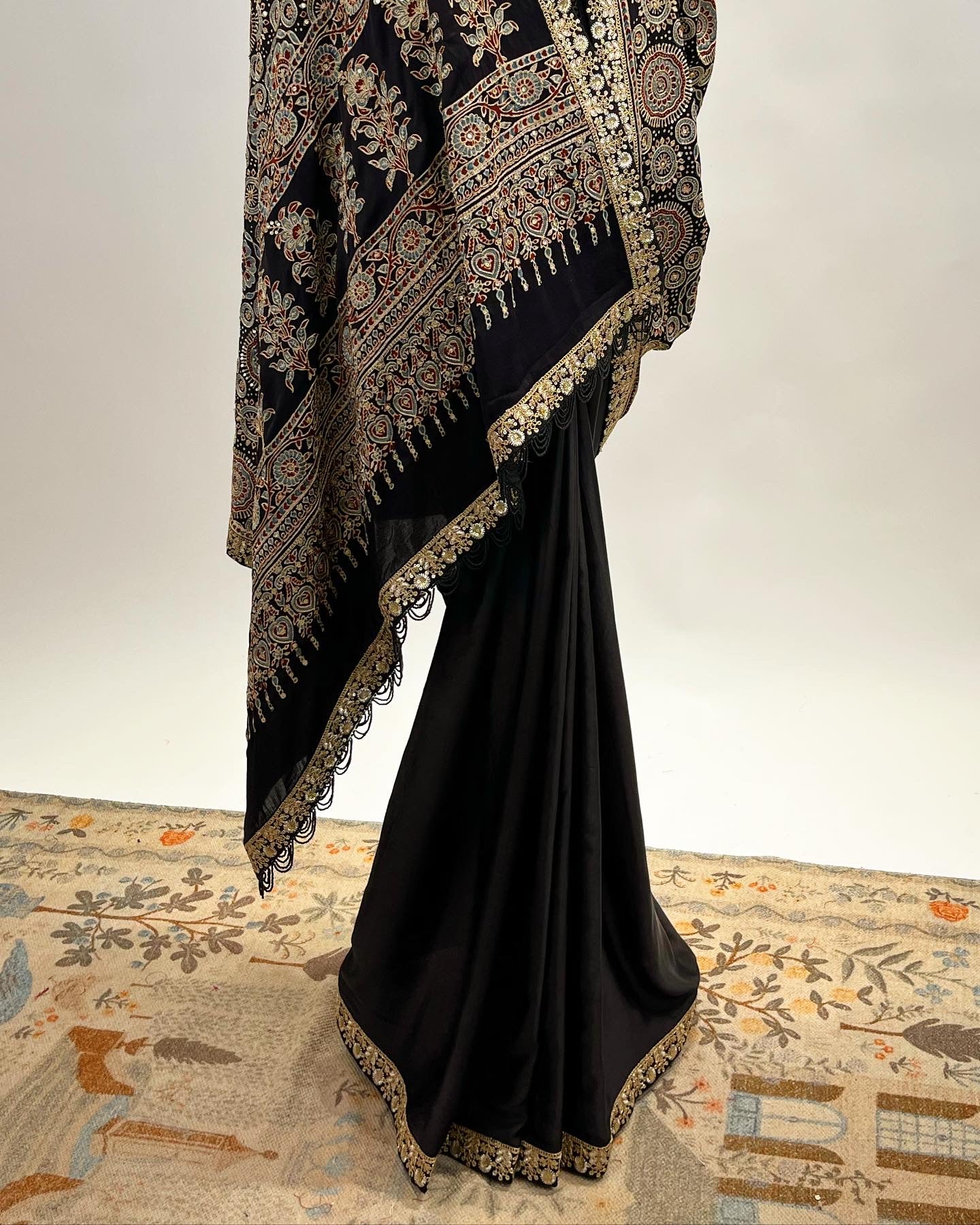 BLACK AJRAKH EMBROIDERED SAREE