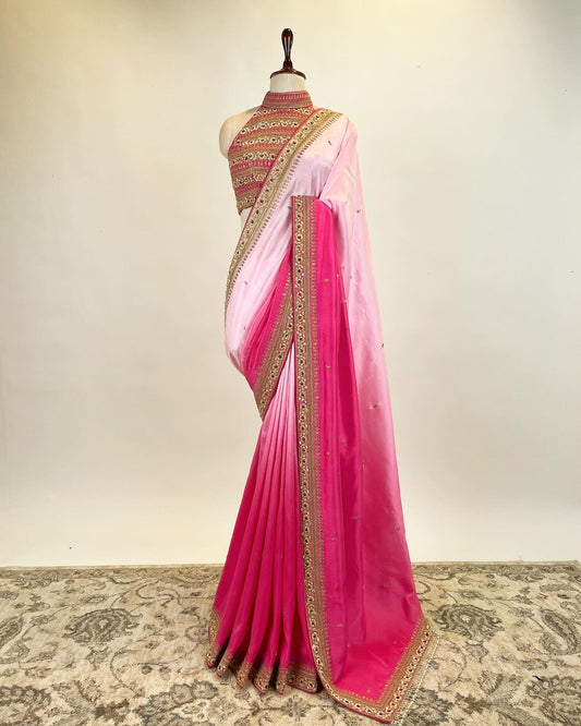 Ombre Crepe Silk Saree with and Halter Neck Blouse in Marodi work