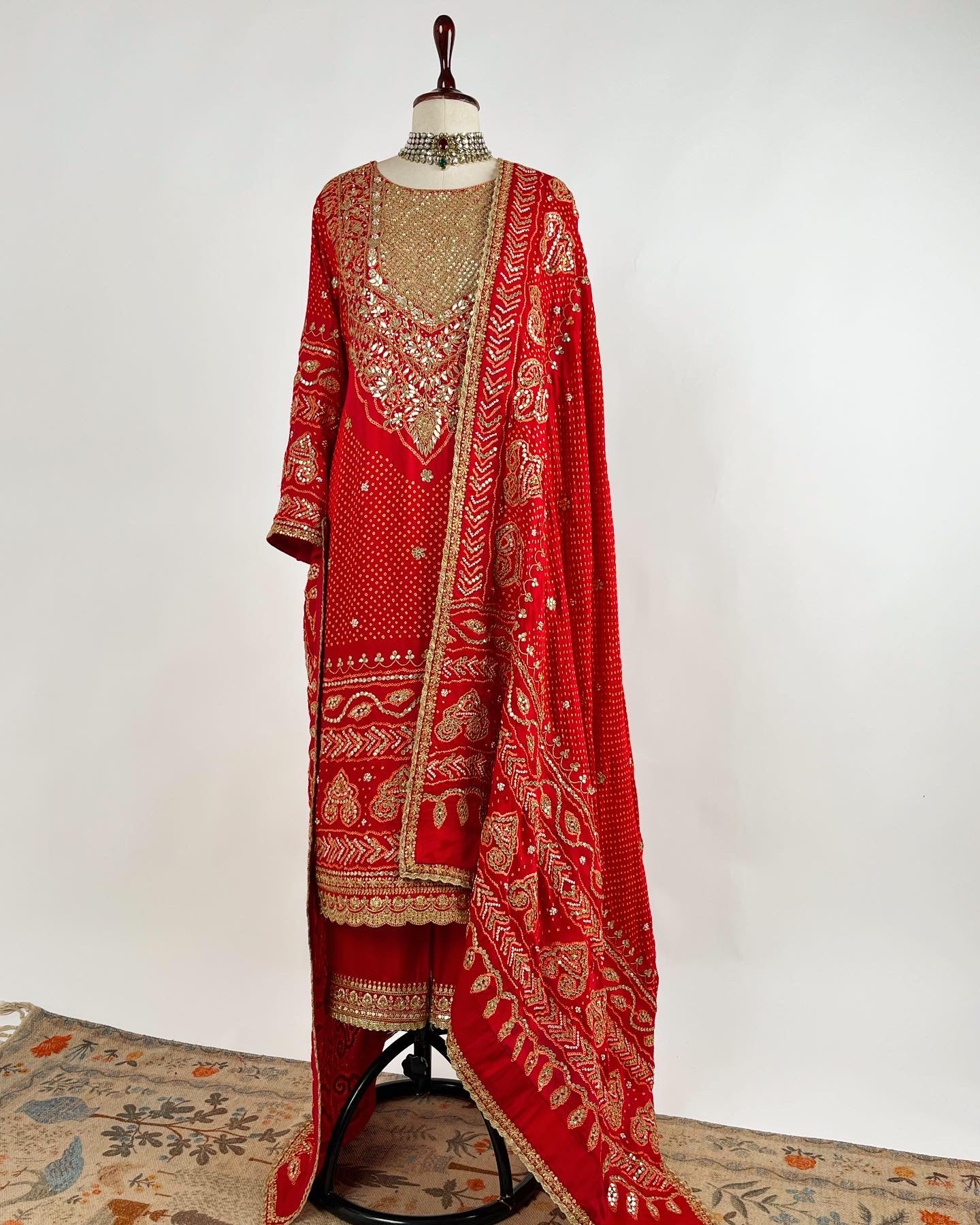 RED RAI BANDHEJ AABHA KURTA ENSEMBLE IN MARODI & GOTAPATTI WORK