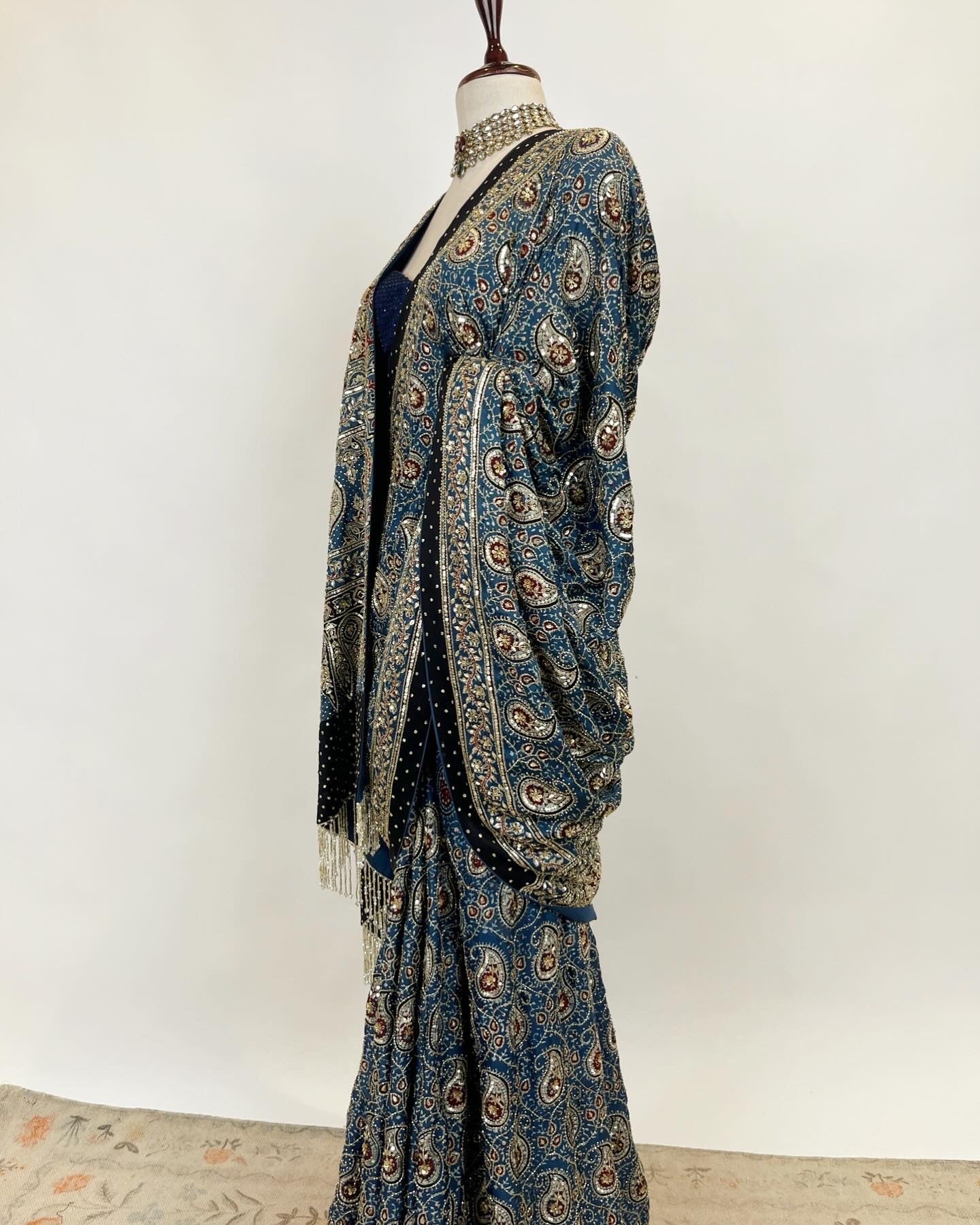 AJRAKH SAREE IN NATURAL INDIGO WITH ZARDOSI CRYSTAL BEADS & ZARI WORK