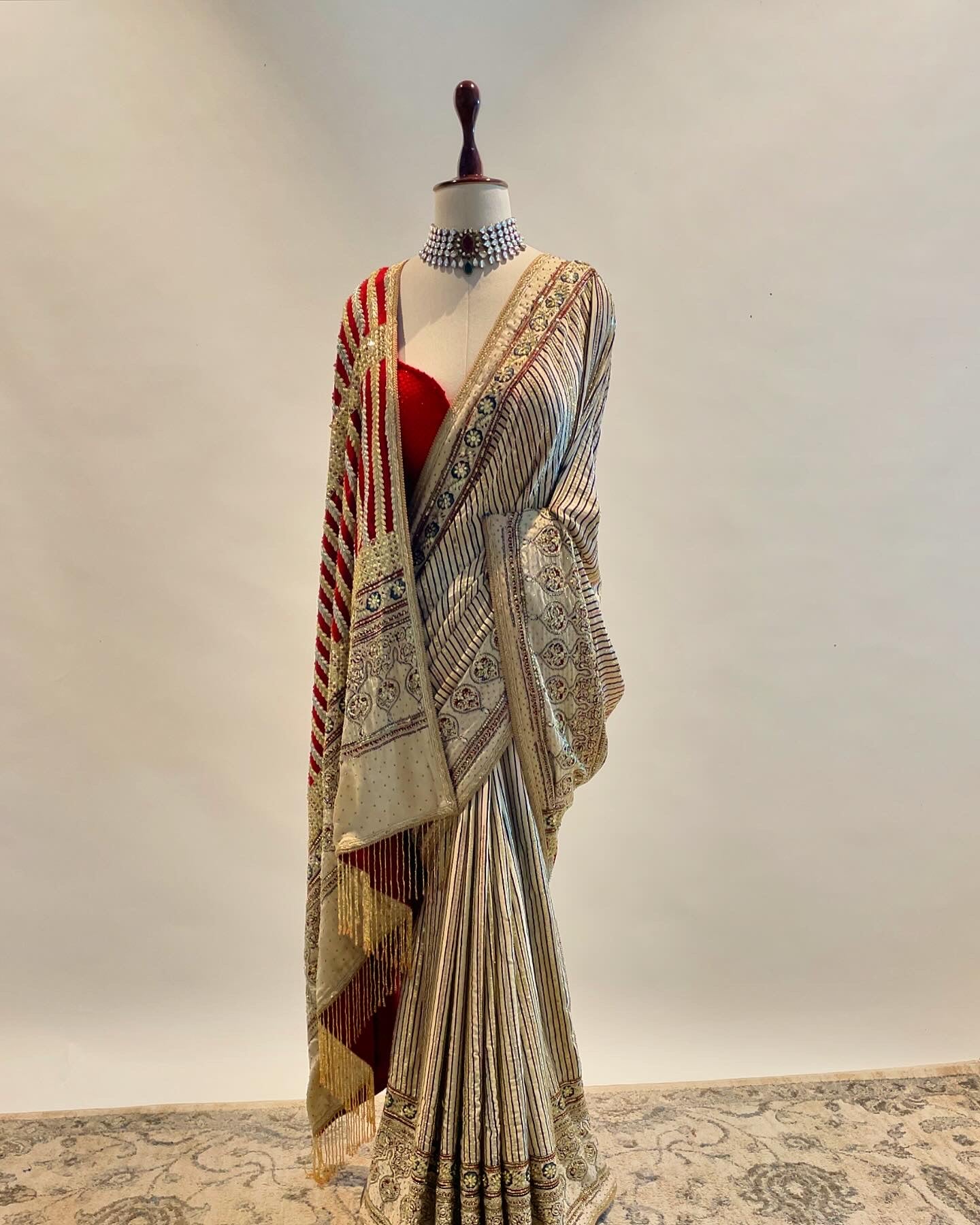 Striped Hand Blocked Ajrakh with Zardosi Saree with a Rhinestone Studded Blouse 