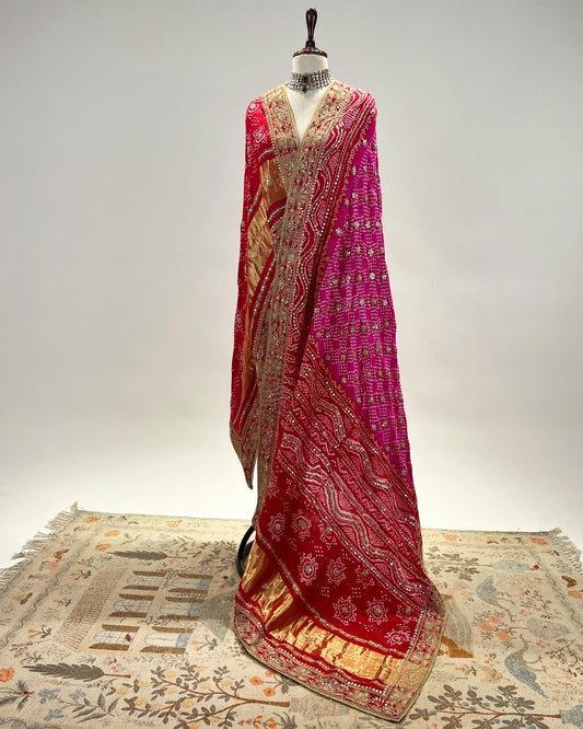 PINK-RED OMBRE MARODI WORK RAI BANDHEJ DUPATTA