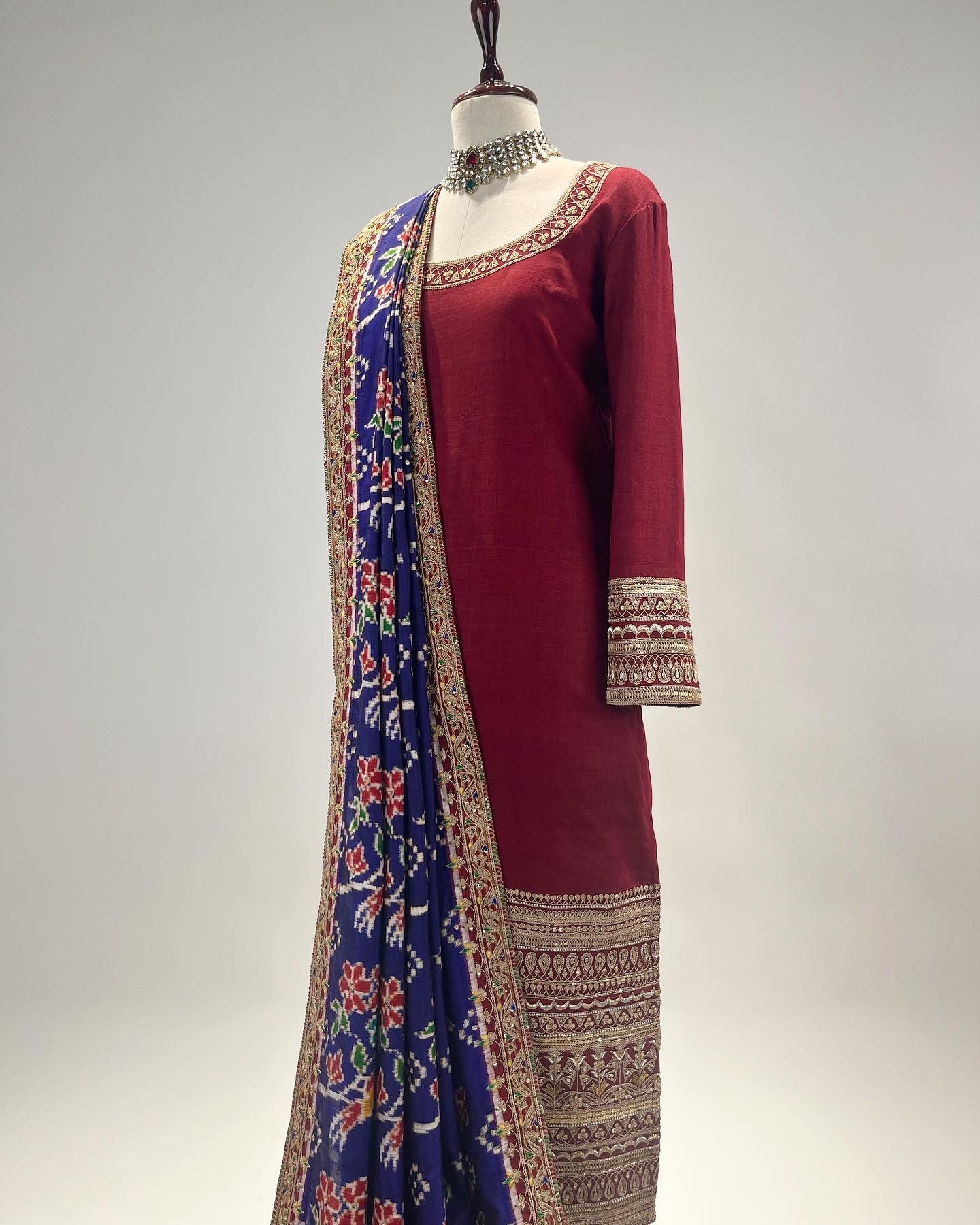 PURE DOUBLE MATKA SILK STRAIGHT KURTA WITH DOUBLE IKAT PATAN PATOLA DUPATTA IN MARODI & RESHAM WORK