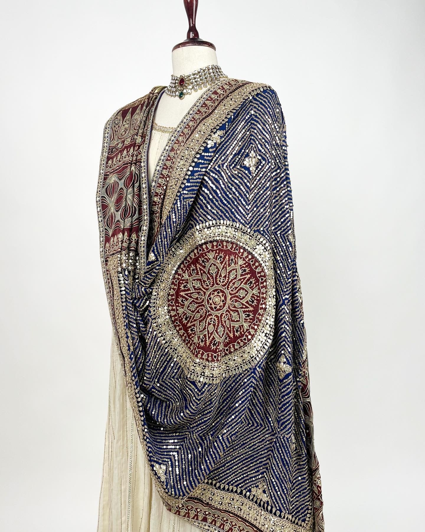 DARK BLUE AJRAKH BANDHANI DUPATTA IN MARODI & GOTAPATTI EMBROIDERY