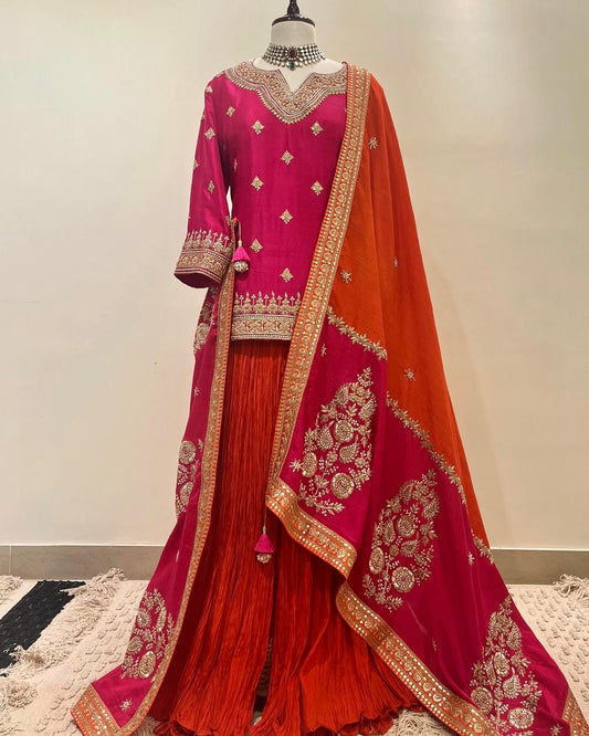 ROYAL PINK & ORANGE MARODI SHORT KURTA WITH CRUSHED SILK SHARARA