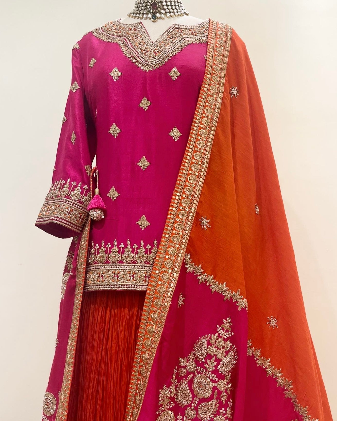 ROYAL PINK & ORANGE MARODI SHORT KURTA WITH CRUSHED SILK SHARARA