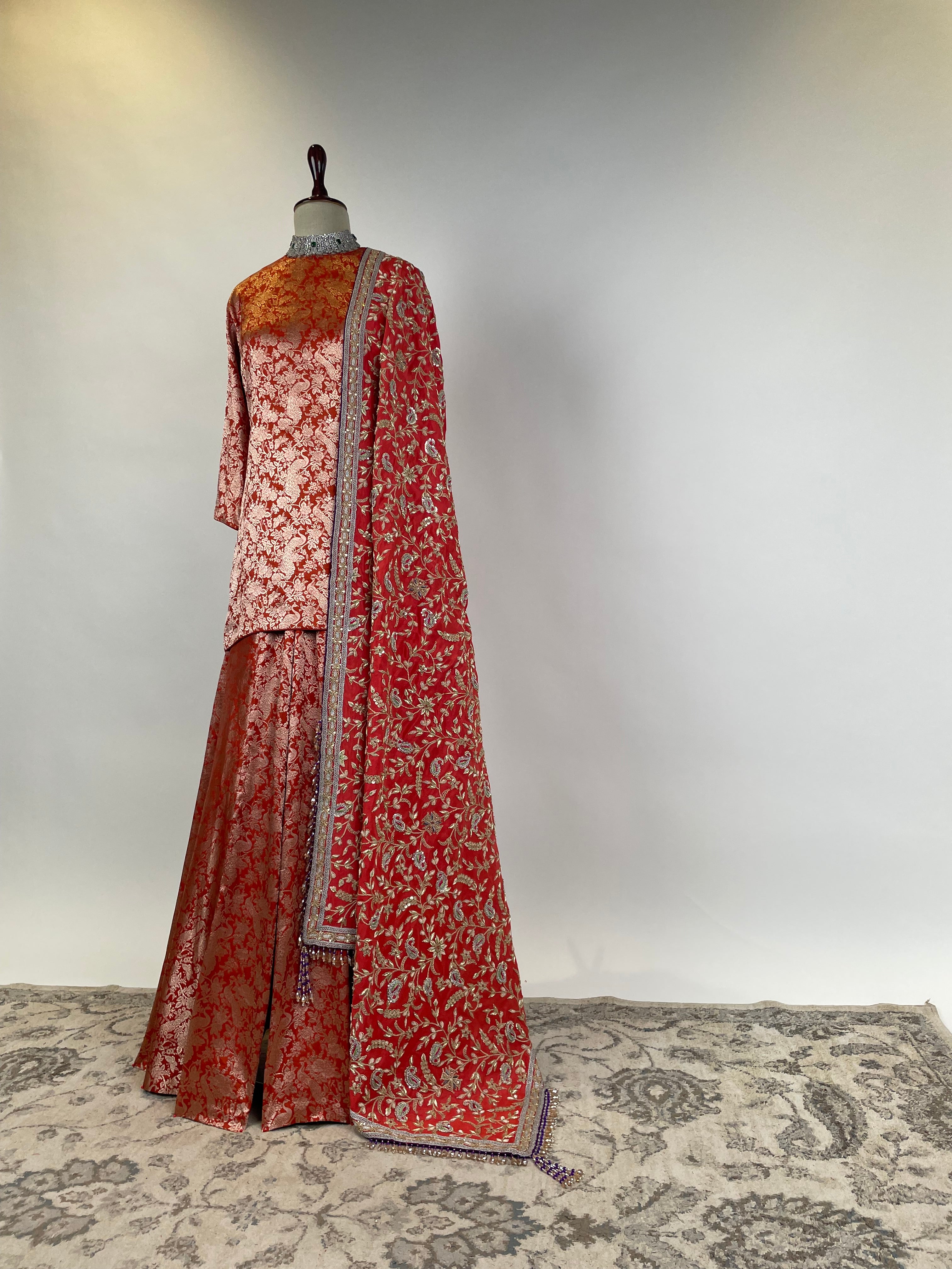 Burnt Orange Banarasi Sharara Set with Marodi and Zardosi Embroidered Dupatta